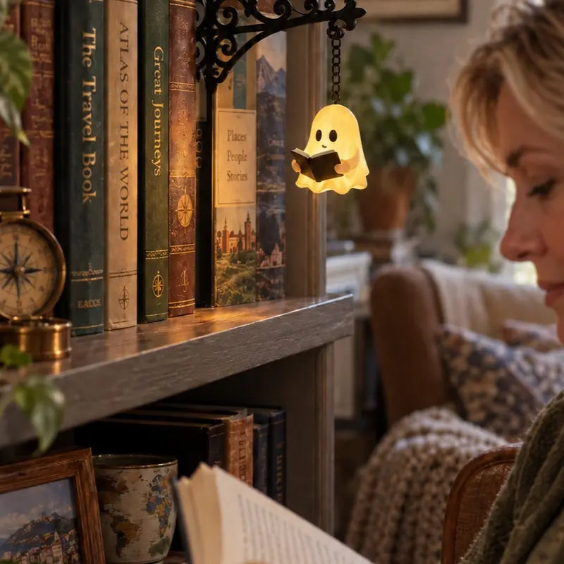 Library Lantern Bookshelf Lamp,Ghost Bookshelf Lantern,Funky Home Decor Hanging LED Shelf Light with Bookend-Style Base, Halloween Indor Decorations Warm Decorative Reading Nook Lamp for Home Library, Study Corner, Book Lovers Gift