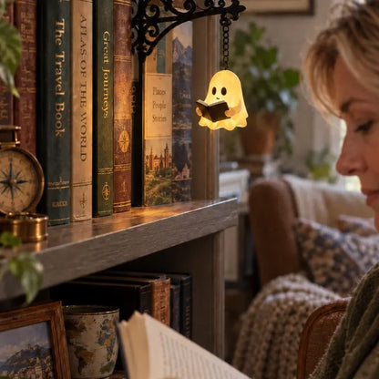 Library Lantern Bookshelf Lamp,Ghost Bookshelf Lantern,Funky Home Decor Hanging LED Shelf Light with Bookend-Style Base, Halloween Indor Decorations Warm Decorative Reading Nook Lamp for Home Library, Study Corner, Book Lovers Gift