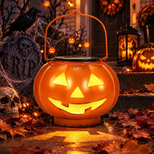 Pathglo Solar Halloween Jack-O-Lantern Hanging Light - Automatic On/Off Waterproof Holiday Ornament, Outdoor Halloween Decor for Garden Front Door, Festive Ornaments & Decoration