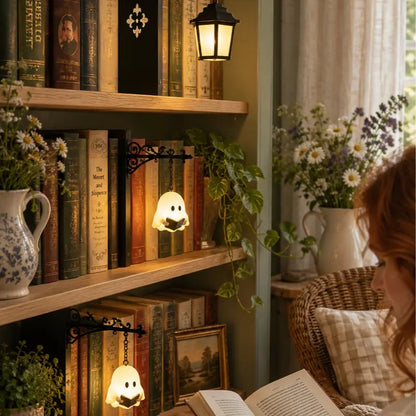 Library Lantern Bookshelf Lamp,Ghost Bookshelf Lantern,Funky Home Decor Hanging LED Shelf Light with Bookend-Style Base, Halloween Indor Decorations Warm Decorative Reading Nook Lamp for Home Library, Study Corner, Book Lovers Gift